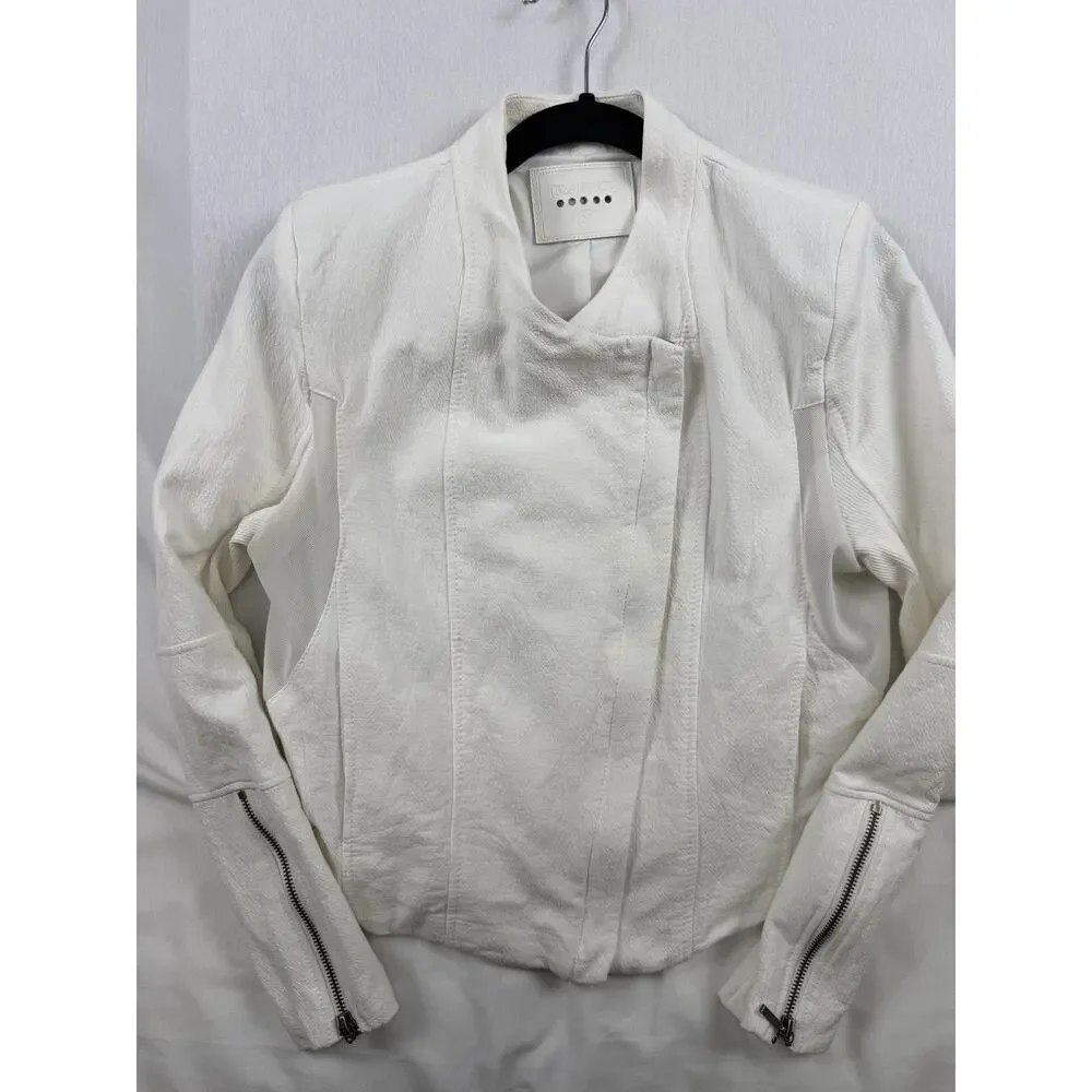 BLANKNYC White So Icy Collarless Mesh Moto Jacket Panel Asymmetric Zip M